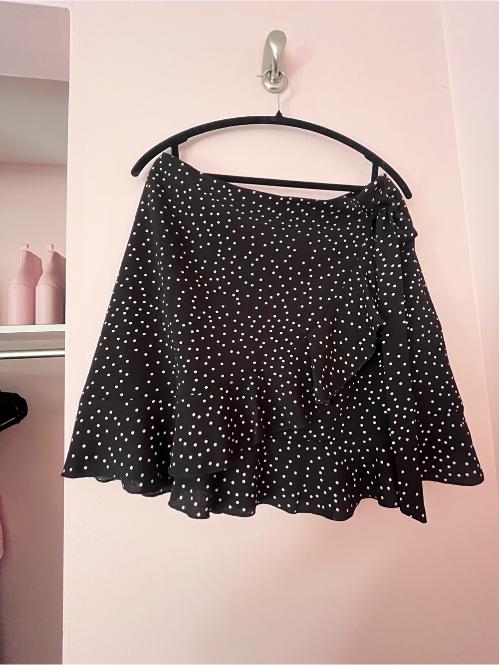 Women's Black Polka Dot Skater Skirt with Ruffle Detail